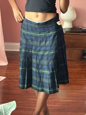 Pleated Tartan Midi Skirt - Navy Green Plaid